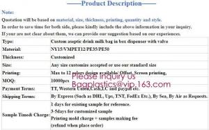 Buy cheap Commercial grade 15l wine bag in box,aseptic milk wine and apple juice bag in box,Filling Aluminum Foil Laminated Clear product
