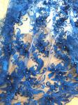 3D Rhinestone Beaded Tulle Fabric , Embroidered Royal Blue Lace Fabric For