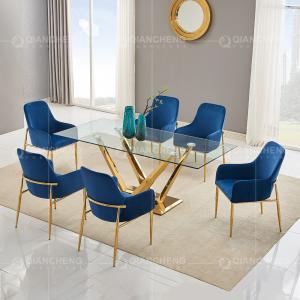 Buy cheap Rectangular Width 35inch Tempered Glass Dining Table Gold Metal Legs product