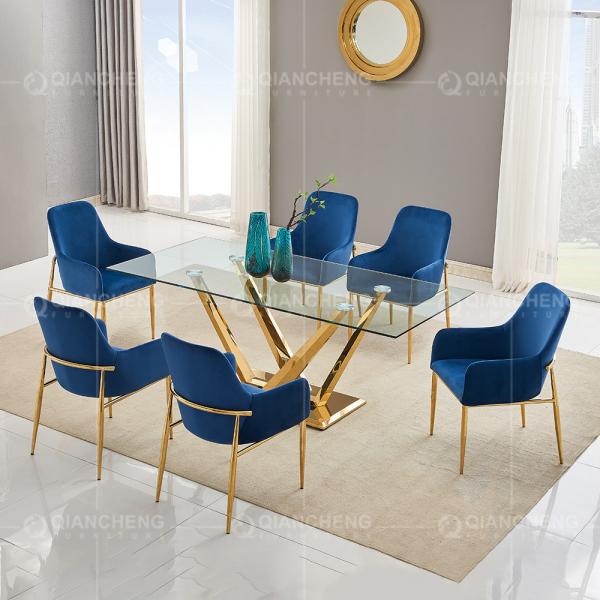 Rectangular Width 35inch Tempered Glass Dining Table Gold Metal Legs
