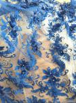 3D Rhinestone Beaded Tulle Fabric , Embroidered Royal Blue Lace Fabric For