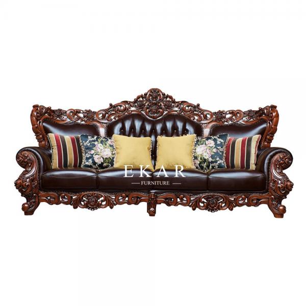 Oak Wooden Carving Design Royal Luxury Living Room 7 Seater Leather Sofa Set