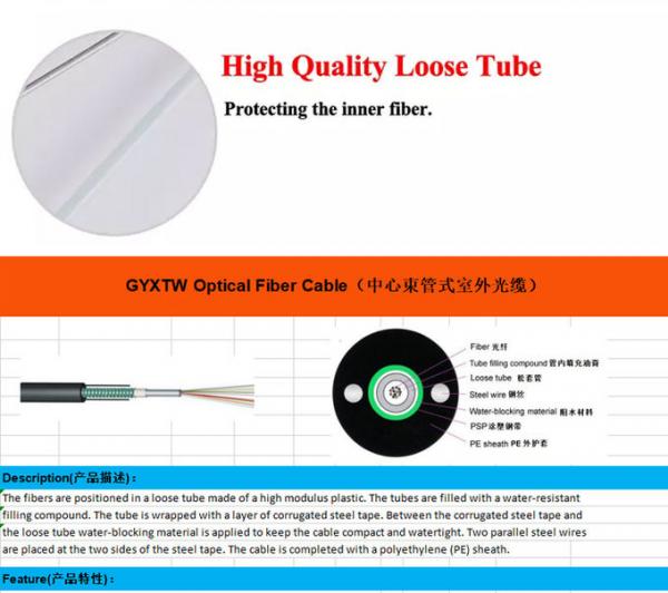 2 Core 12 Core Armored Telecommunication Cable GYXTW-4B1 Central Beam Tube Optical Cable